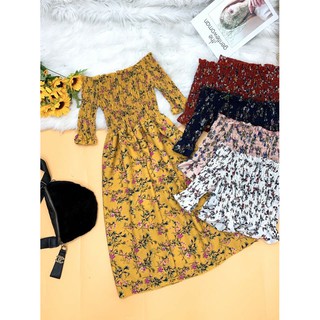 Đầm Voan Trễ Vai Thân Nhún In Hoa Thổ Cẩm Mẫu Mới TTV0021