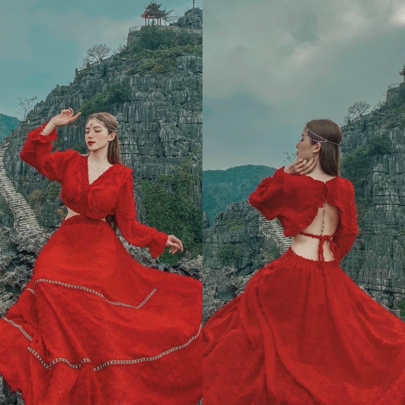 Đầm maxi lông đỏ phối thổ cẩm hở/khoét/cut eo lưng, thời trang nữ hot girl đi chơi/biển du lịch chụp hình sang chảnh