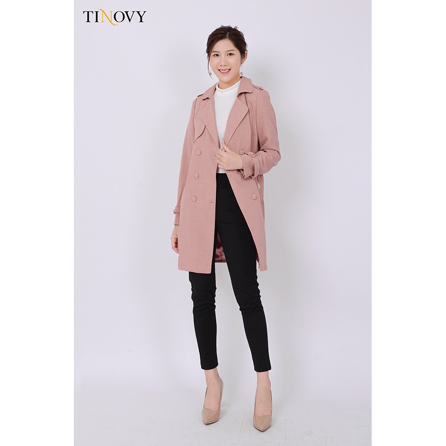 Áo Măng Tô Nữ TINOVY Dáng Dài Cổ 2 Ve Ba Hàng Khuy Kèm Đai H0999