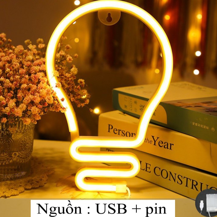 Đèn Led Neon trang trí hình bóng đèn sáng tạo dùng pin hoặc USB -Thích hợp decor phòng học, quán cafe, phòng ngủ