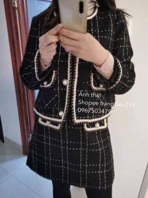SET ÁO CHÂN VÁY DẠ TWEED VIỀN SỌC