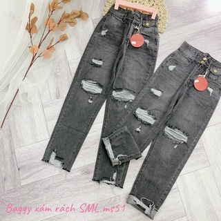 Baggy jeans lưng cao 2 nút túi hộp rách cá tính