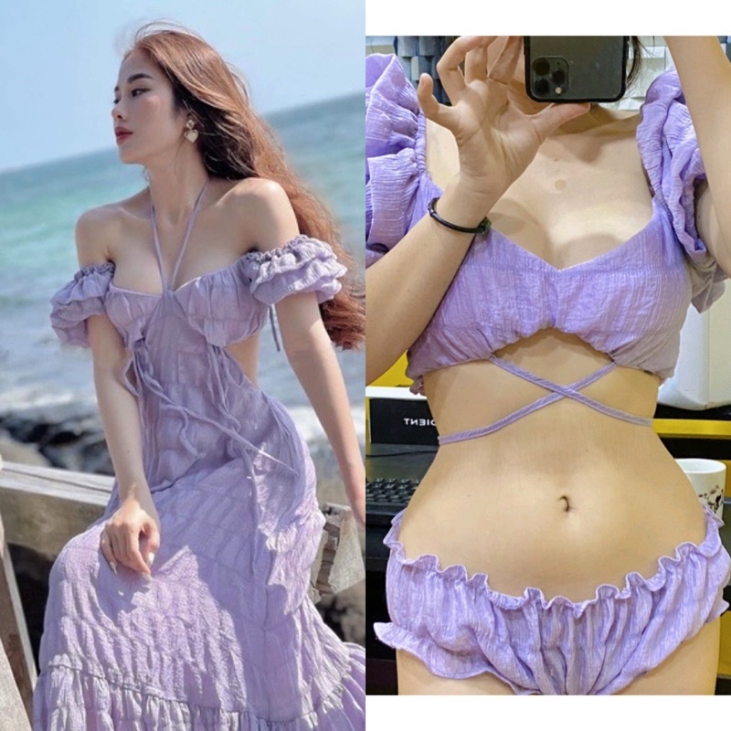 Set 3 món đầm maxi cổ yếm đom đóm dress Briebrie cao cấp chất liệu xốp, sang chảnh - 248