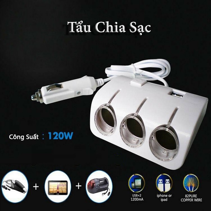 Bộ chia tẩu trên ô tô 3 tẩu 2 cổng USB Olesson NO1506 12V/24V 120W chất liệu ABS bền bì và chịu được công suất cao