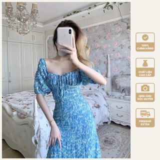 Váy hoa nhí nhún ngực tay bồng, đầm cổ vuông kiểu dáng vintage phong cách Ulzzang