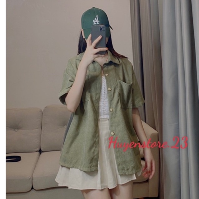 Áo sơ mi nhung tăm tay ngắn , Áo sơ mi ngắn tay freesize