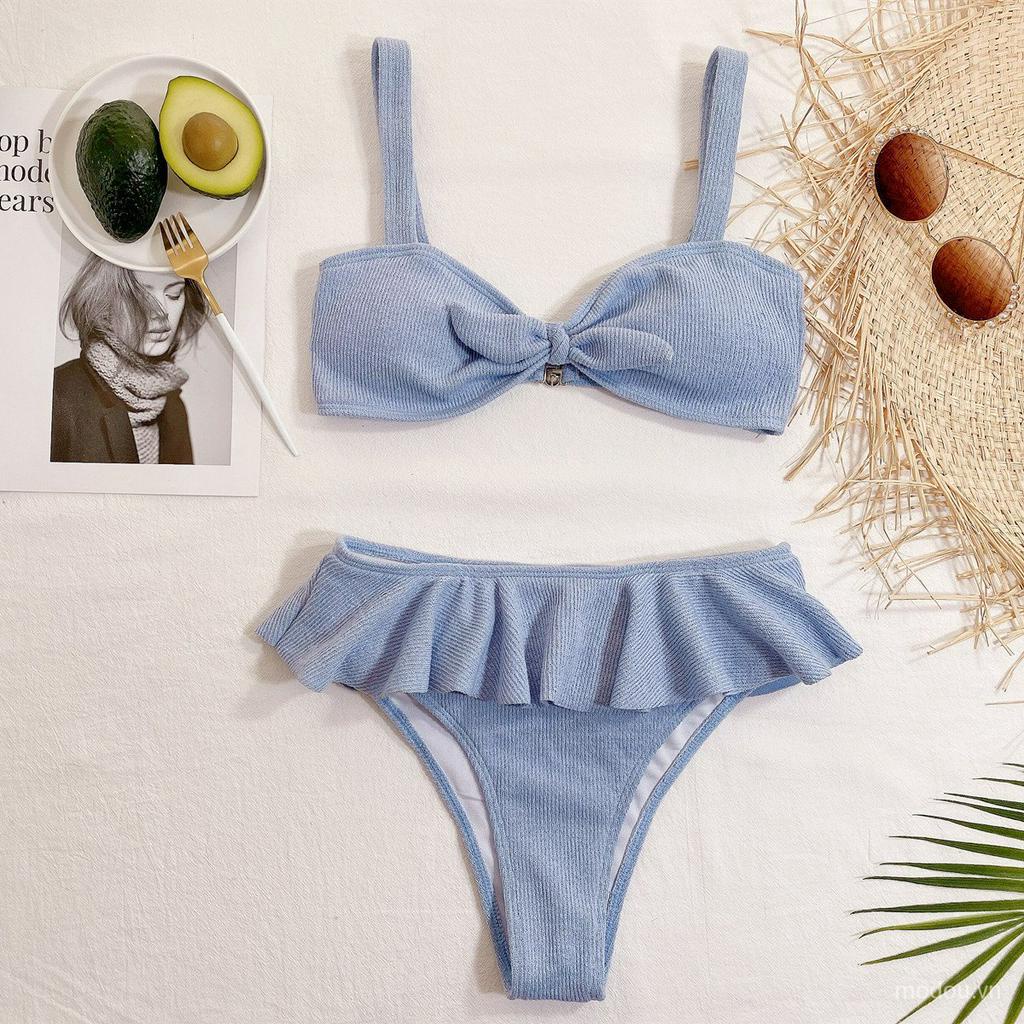 Set bikini màu xanh dương phối bèo thời trang quyến rũ cho nữ