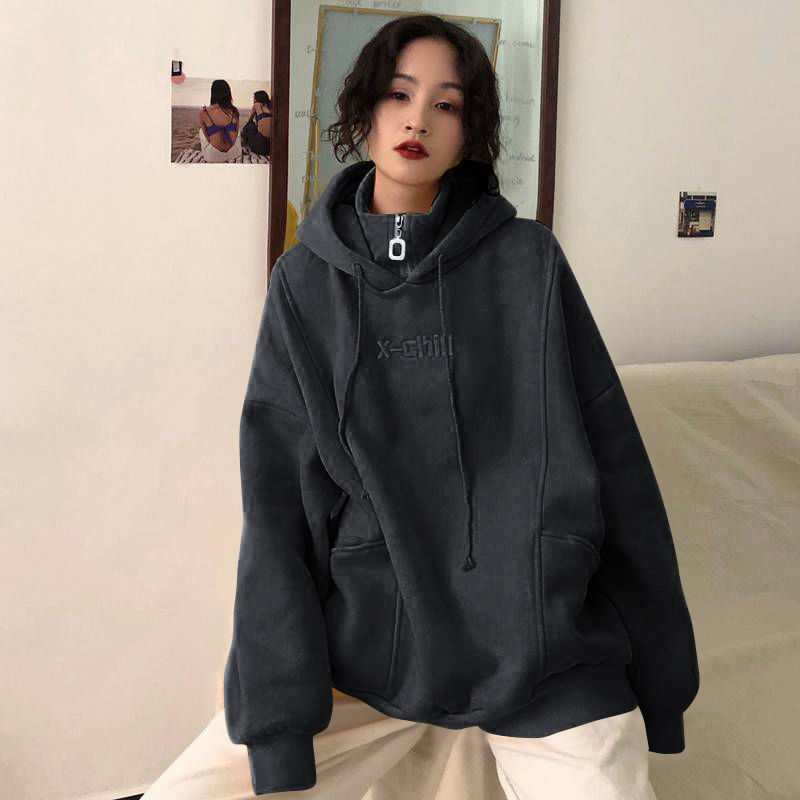 IELGY Áo hoodie dáng rộng cỡ lớn phong cách mùa đông thoải mái cho nữ