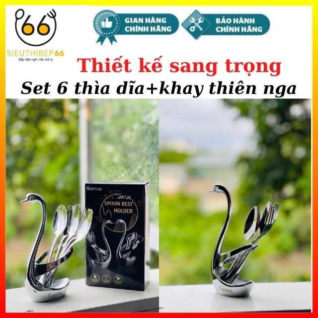 [Kèm khay đựng] Set 6 dĩa thìa inox  thiên nga Rapido - Hàng Đức,Dĩa hoa quả trái cây, inox 304 sáng bóng, chắc bền