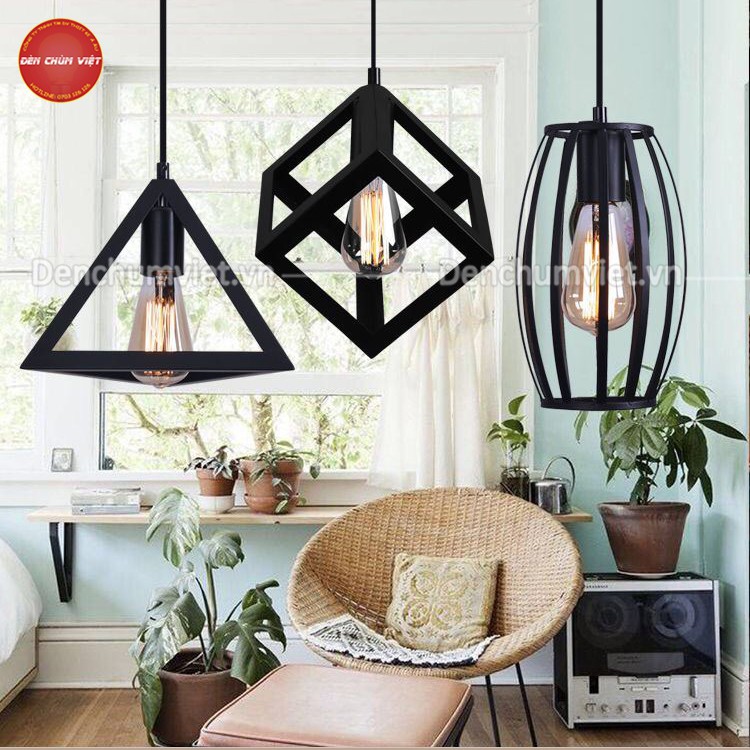 Đèn thả nghệ thuật khung sắt khối lập phương, khối tam giác, khối trụ