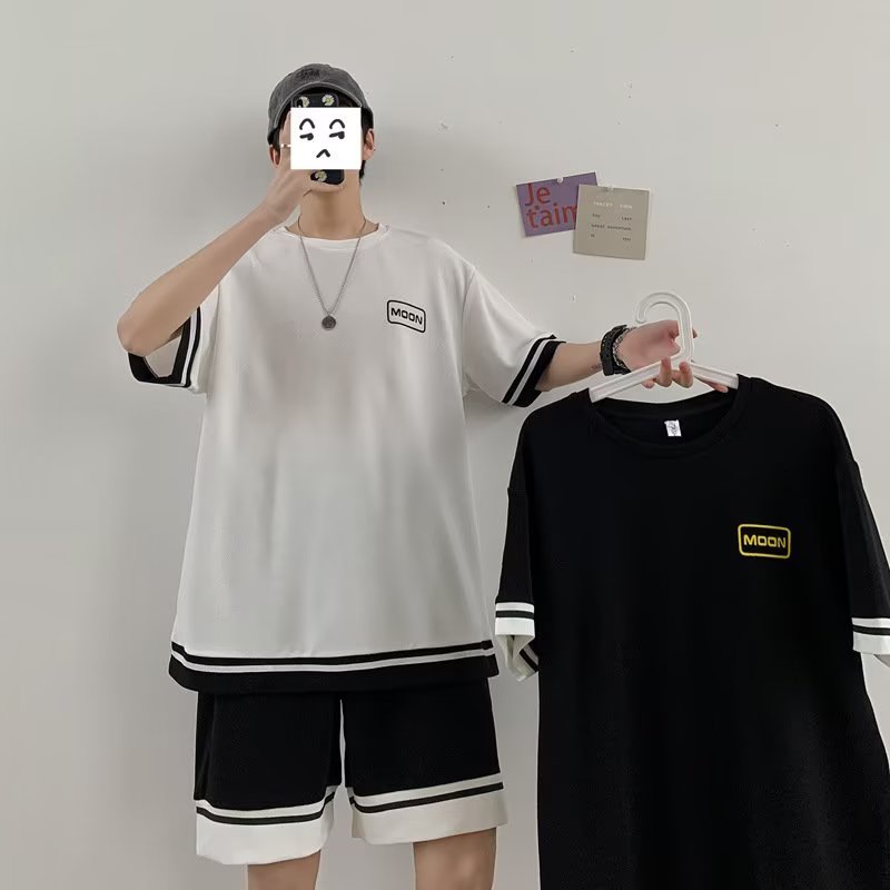 Set Đồ Thể Thao Hai Món Gồm Áo Tay Ngắn Dáng Rộng Màu Trắng/Đen Phong Cách Hàn Quốc Thời Trang Mùa Hè Cho Nam Giới Size S-3xl
