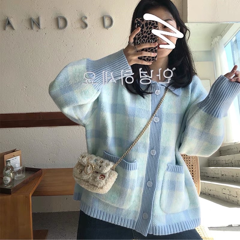 Freeship Áo Cadigan Len Cài Cúc Xanh pastel Kẻ Hàng Cao Cấp