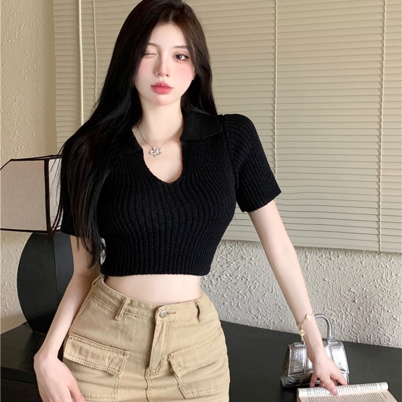 Áo Dệt Kim Ngắn Tay Cổ Chữ V Thời Trang Cá Tính