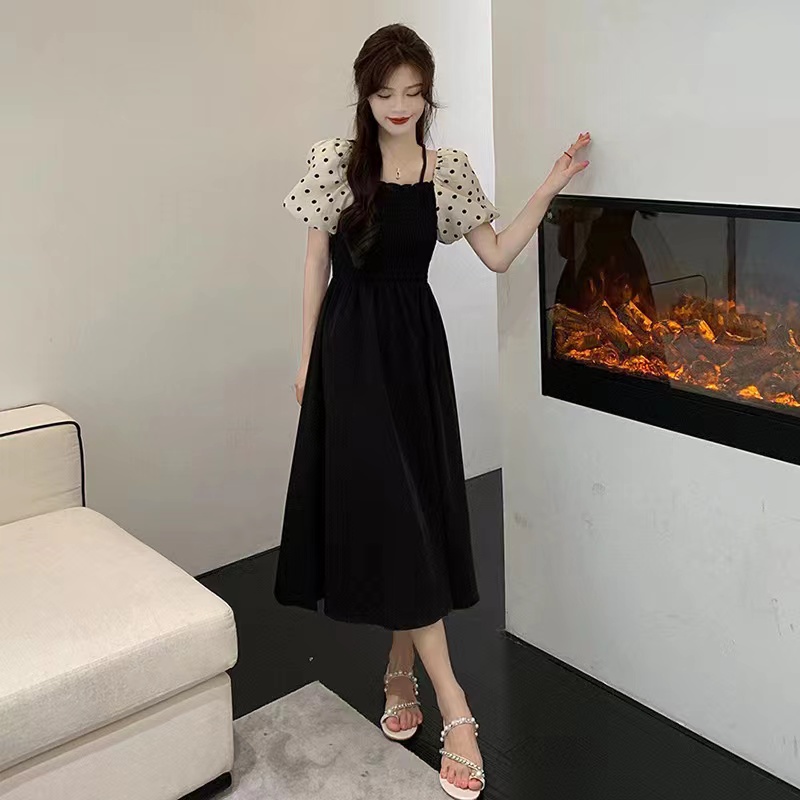 Đầm PERTY dáng dài tay ngắn phồng họa tiết chấm bi phong cách Hàn Quốc mới thời trang mùa hè dành cho nữ