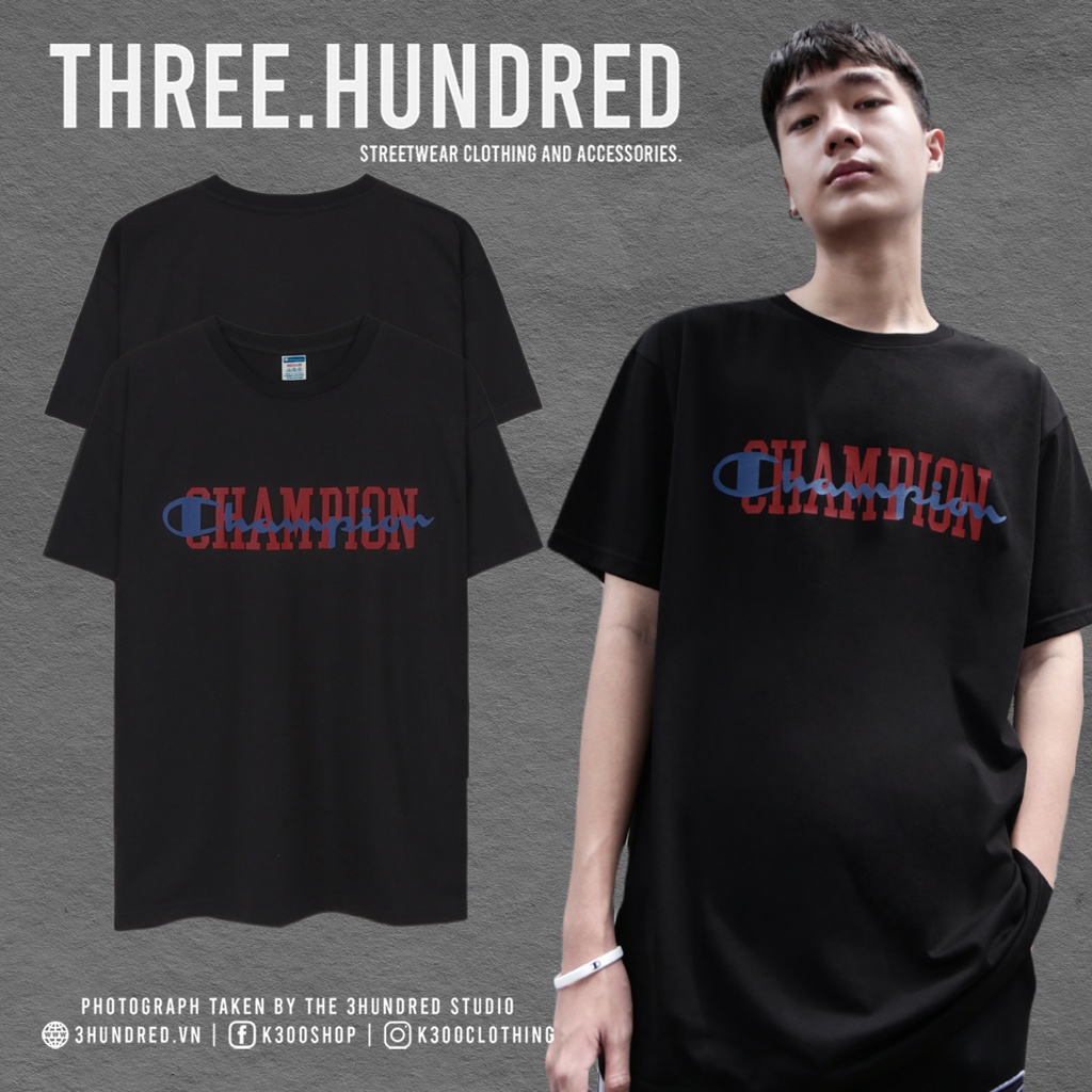 Áo Thun In 2 Kiểu Chữ Xanh Đỏ Champion Màu Đen