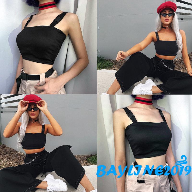 Áo thun crop top ôm sát hai dây phối khóa quyến rũ thời trang dành cho nữ