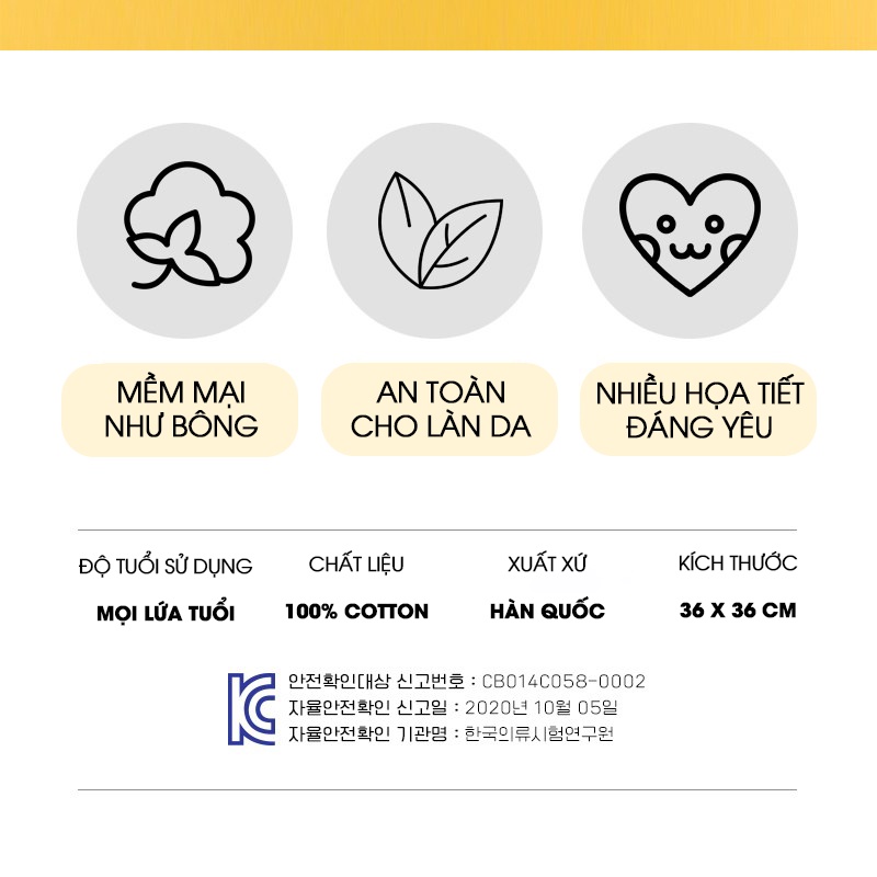 Khăn tay cho bé Abadd Hàn Quốc 100% cotton nhiều họa tiết đáng yêu