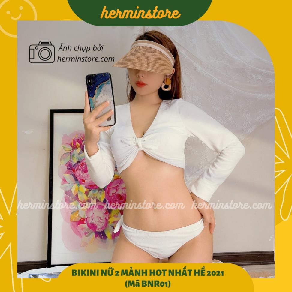 Đồ bơi nữ 2 mảnh màu trắng trơn - bikini dài tay mix quần bơi tam giác cực hot hè 2021 - Mã BNR01  ྇