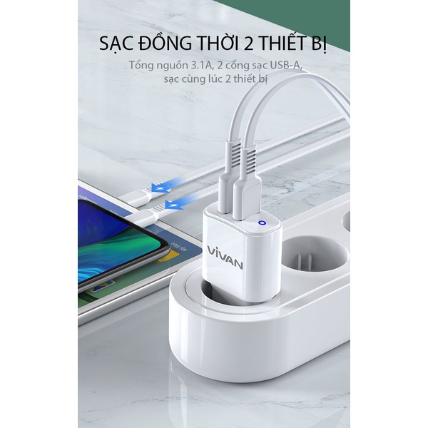 Cốc sạc 2 cổng USB  VIVAN Charger VP01 Black - HÀNG CHÍNH HÃNG BẢO HÀNH 12 THÁNG