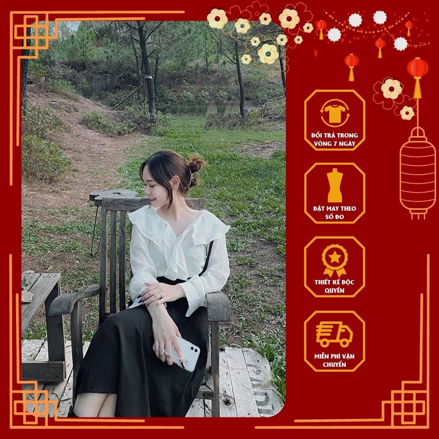 Áo sơ mi trắng nữ dài tay chất tơ cổ sen 2 lớp 6Six Closet