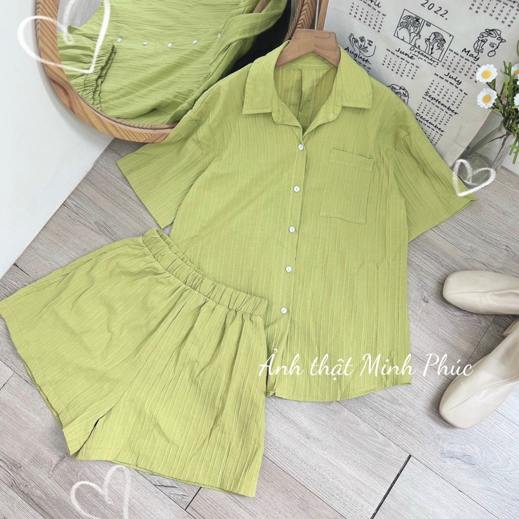Set Quần Áo Nữ, Bộ Đi Chơi Đi Biển Sang Chảnh Áo Sơ Mi Cách Điệu Phối Quần Đùi Màu Xanh Bơ, Trắng, Nâu,đen Xm Minh Phúc