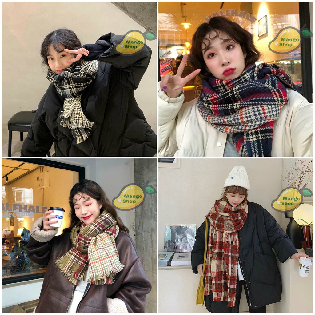 Khăn len xước kẻ caro 2 mặt hot trend ( khăn choàng caro mùa đông style Hàn Quốc )