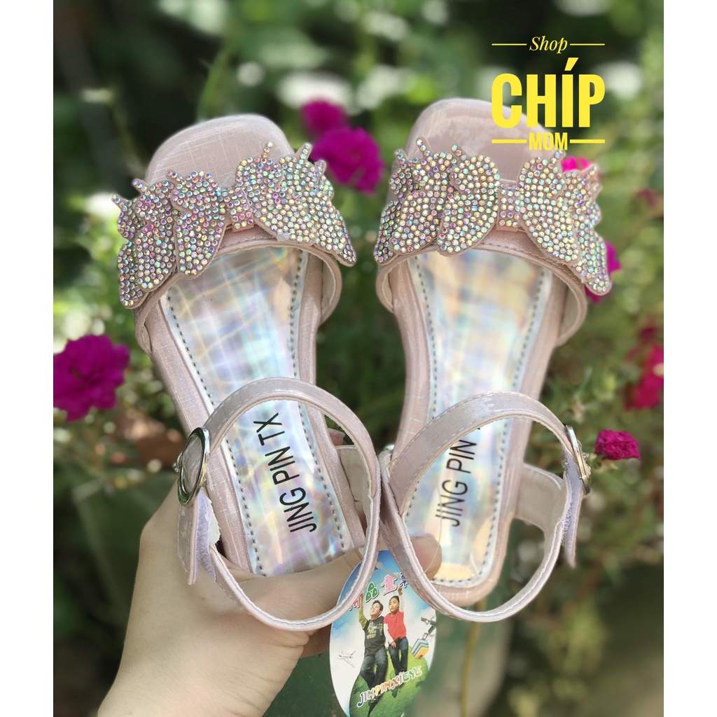 sandal bé gái dép quai hậu cho bé nơ đá sang chảnh cao gót đế dẻo da PU mềm không đau chân thời trang hè mẫu mới 8107