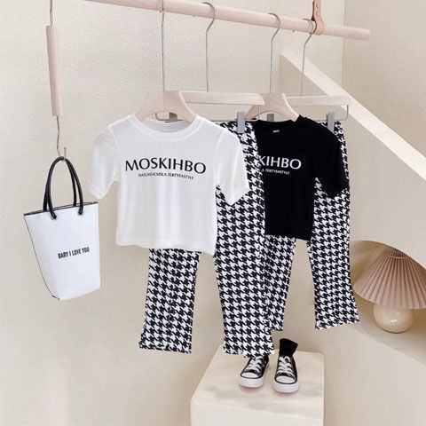 Set Áo Thun Ngắn Tay In Chữ + Quần Dài Lưng Cao Phong Cách Hàn Quốc Thời Trang Mùa Hè Cho Bé Gái