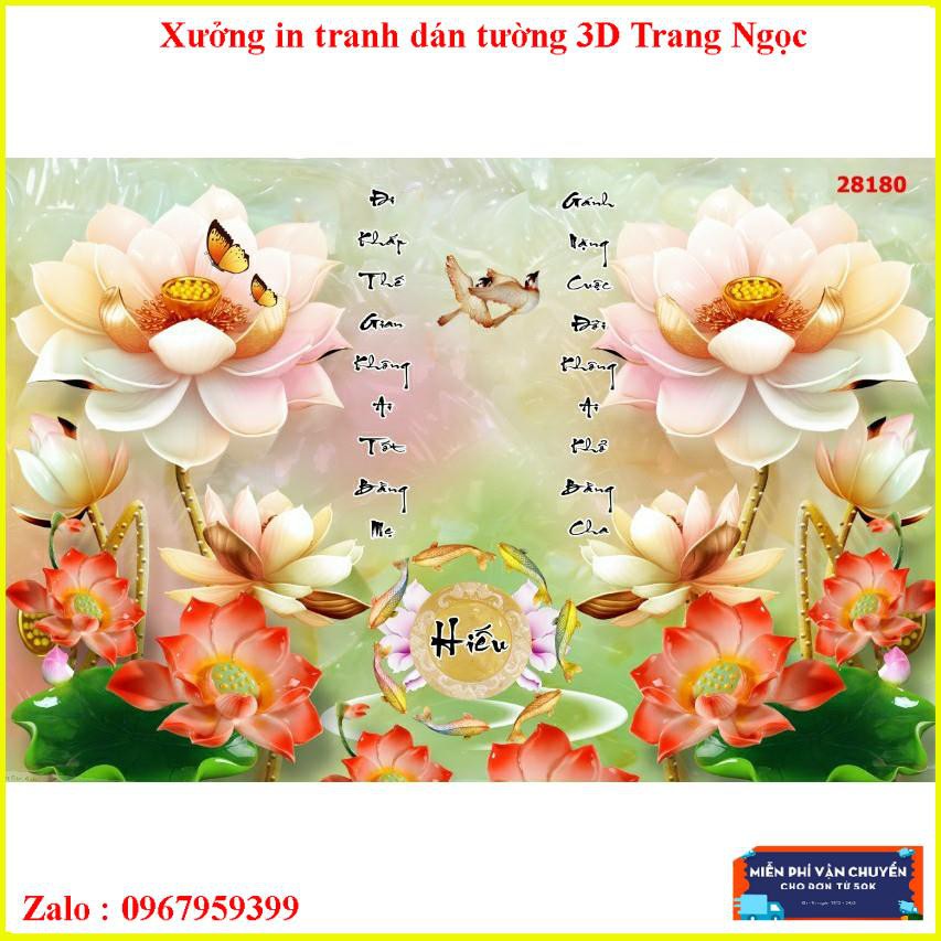 Tranh dán tường phòng khách 3D hoa sen in Vải Lụa đẹp giá tốt chống ẩm mốc