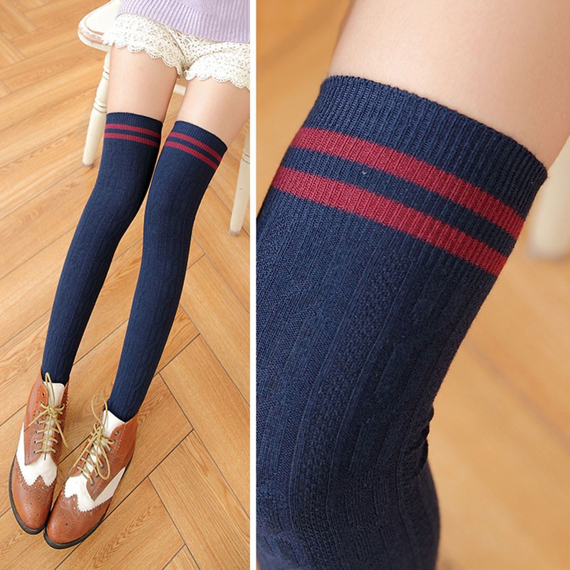 Vớ dáng dài chất liệu cotton co giãn họa tiết kẻ sọc ngang đáng yêu cho nữ