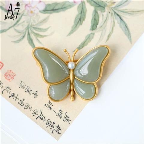 Ghim Cài Áo Hình Bướm Bằng Ngọc Bích Trắng S925 Mạ Vàng 18K Chống Thấm Nước Phong Cách Vintage