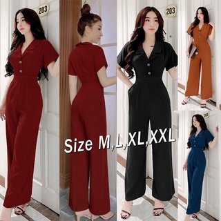 Jumpsuit nữ dài ống suông cổ vest phối 2 nút dây kéo sau lưng xinh xắn J1118