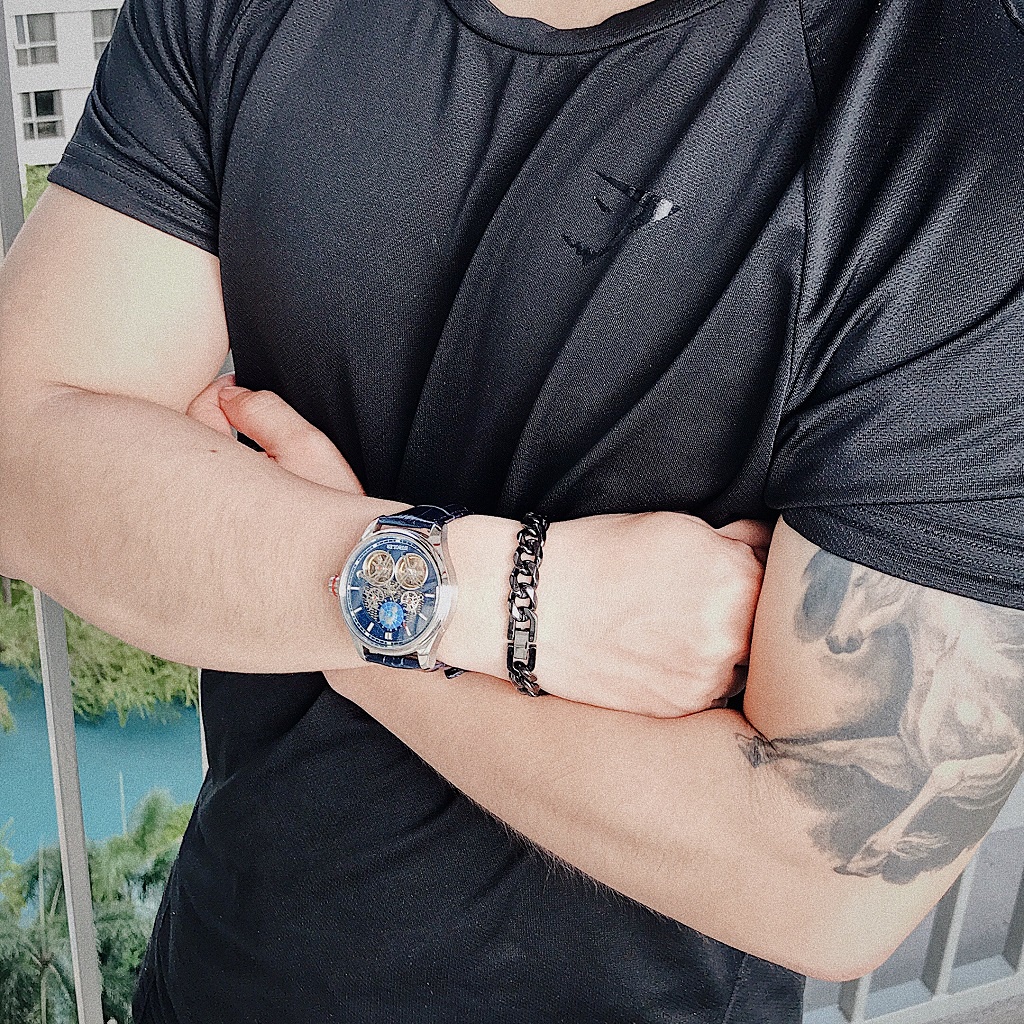 Đồng Hồ Nam Huboler Automatic Dây Da Xanh Silver Chính Hãng 44mm