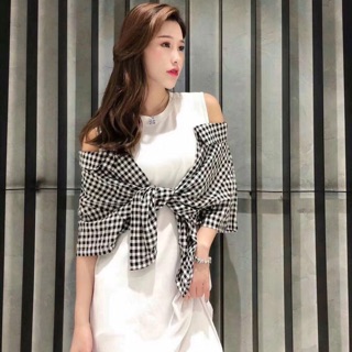 Đầm QC phối sơ mi trễ vai