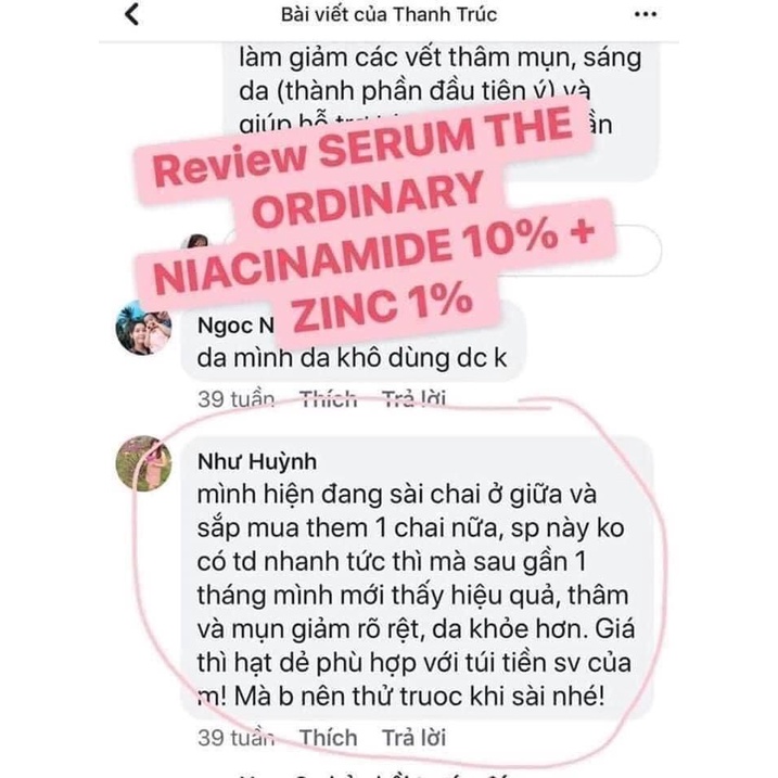 Tinh chất The Ordinary Niacinamide 10% + Zinc 1% thu nhỏ lỗ chân lông, giảm thâm hiệu quả - Mii Beauty