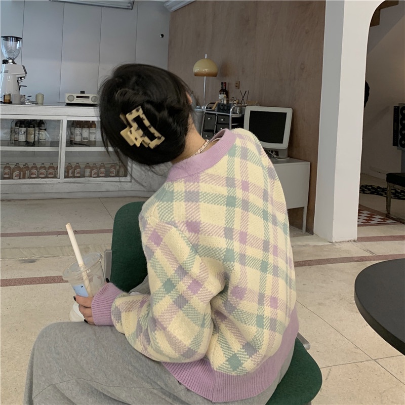 Áo khoác cardigan XIAOZHAINV dệt kim tay dài dáng rộng kẻ ô caro tím thời trang dành cho nữ