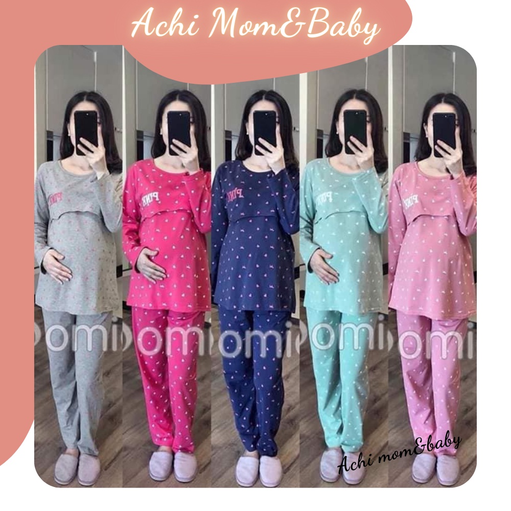 Bộ bầu và cho con bú sau sinh dài tay mặc nhà pink, chất cotton cao cấp cho mẹ bầu mặc nhà A008