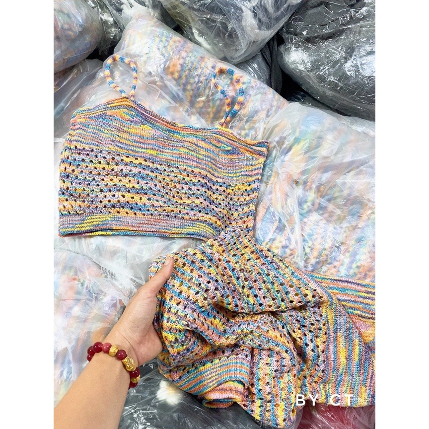 Set kẻ loang áo 2 dây chân váy cực hot
