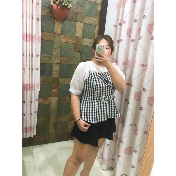 Áo Kiểu Peplum Caro Phối Tơ Cho Người Béo Bụng