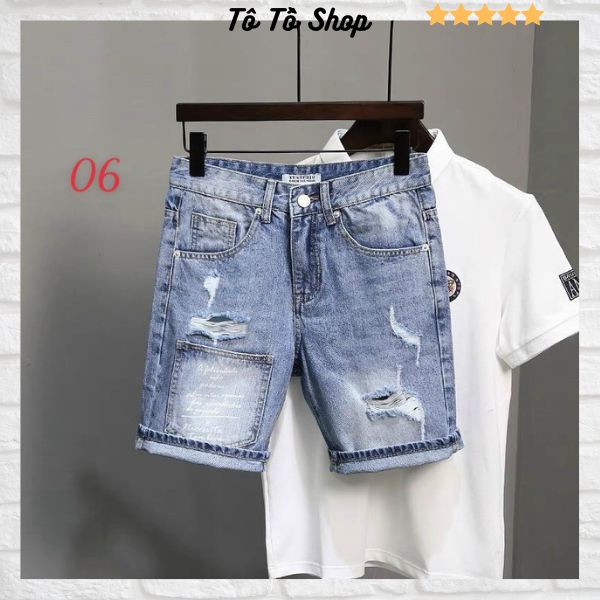 Quần short jean nam màu xanh phối rách, quần sọt nam cao cấp chất bò co giãn thời trang Tô Tồ Shop - MQ06