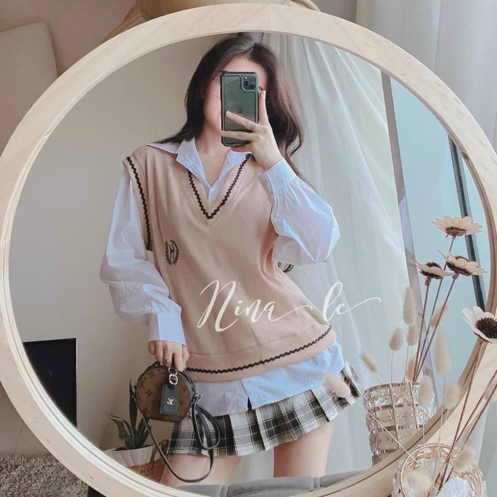 Set Đồ Nữ 3 Món, Áo Sơ Mi Trắng Tay Dài Mix Áo Gile Len Phối Chân Váy Xếp Ly Caro Phong Cách Trẻ Trung Năng Động. 😍 '