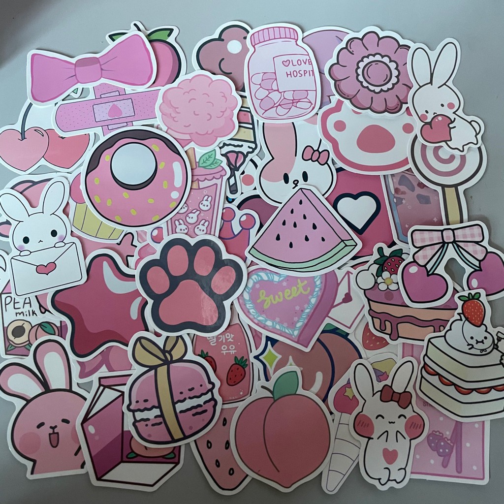 Sticker dán mũ bảo hiểm chống nước, hình dán laptop, điện thoại, vali sét 50 miếng màu hồng dễ thương