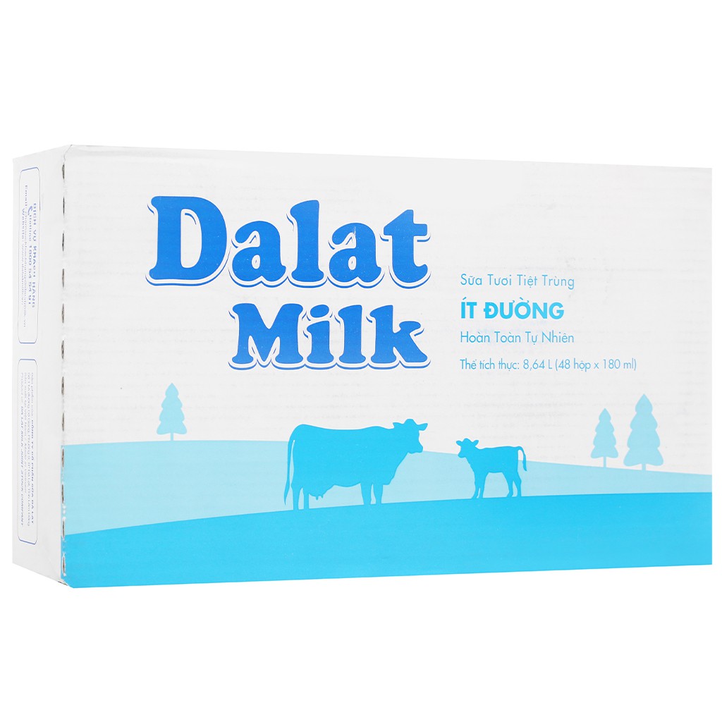 Thùng 48 hộp sữa tươi tiệt trùng ít đường Dalat Milk 180ml