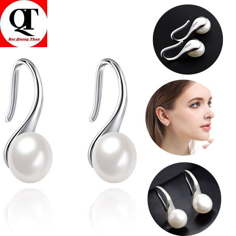 Bông tai nữ ngọc nhân tạo màu trắng đeo sát tai 100% chất liệu bạc thật Bạc Quang Thản - QTBT2(TRẮNG)