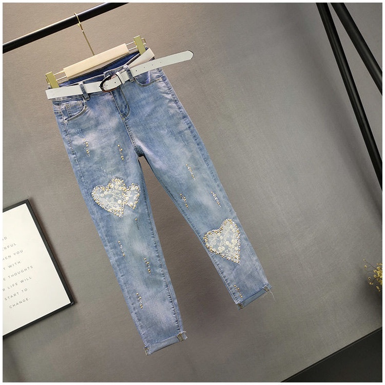 Quần Jean Ôm Dáng Dài Ngang Mắt Cá Chân Đính Đá Dễ Phối Đồ Hợp Thời Trang