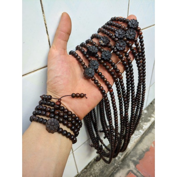 Chuỗi tràng hạt 6 ly gỗ 108 vòng tay nữ mix charm hoa sen - Trắc màu đen nhiều hoặc đỏ nhiều