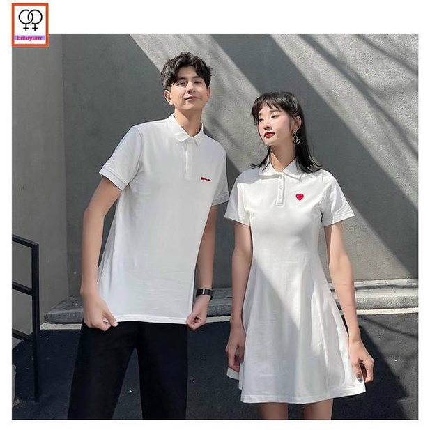 Đầm nữ + áo sơ mi nam trái tim, Váy thun đôi nam nữ polo đủ size cao cấp