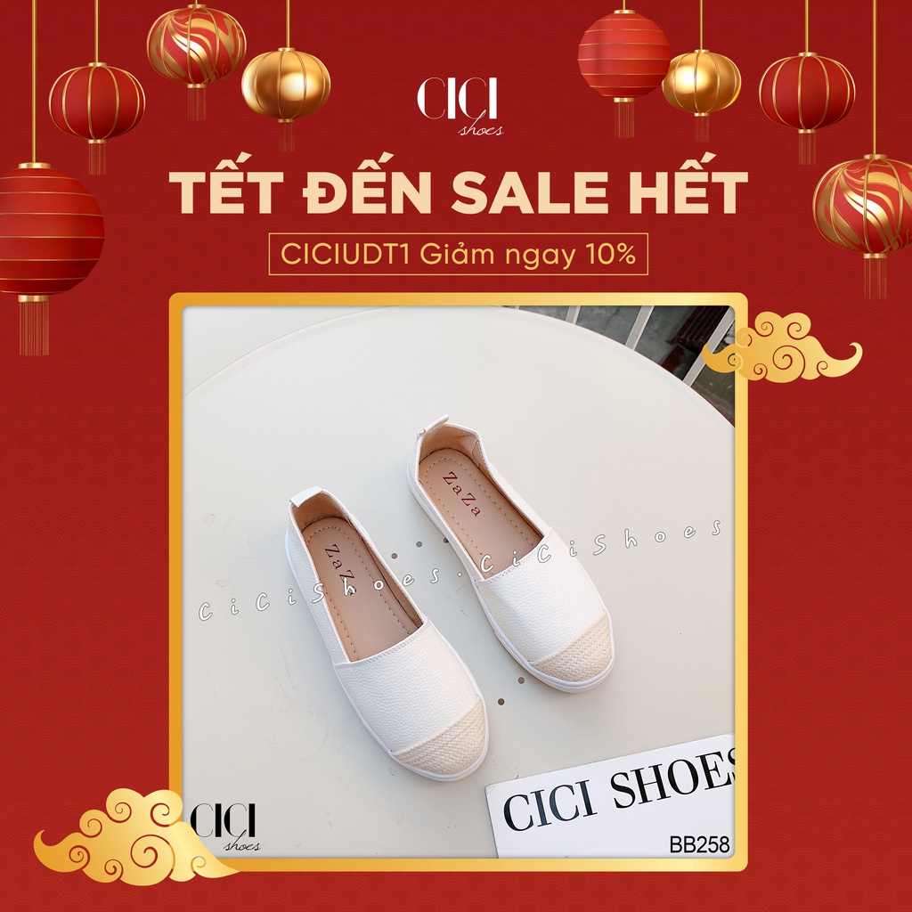 Giày búp bê nữ CiCi Shoes đế bằng 2cm, giầy slip-on da mũi đan len - BB258