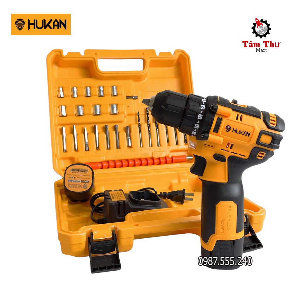 Máy Khoan Pin 18V Hukan KHÔNG CHỔI THAN Tặng Kèm 23 Chi Tiết
