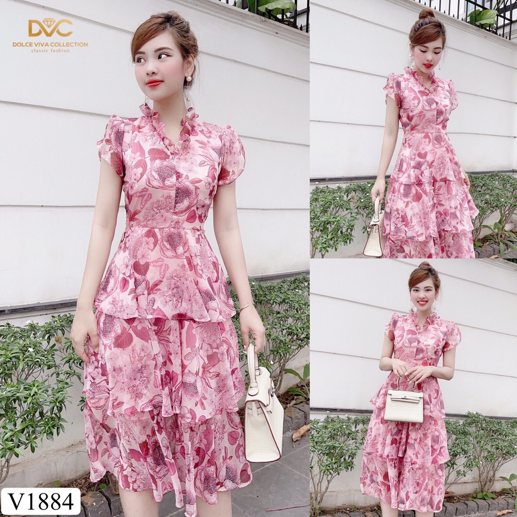 Váy hồng hoa xòe xếp tầng V1884 - Đẹp Shop DVC - Kèm ảnh thật trải sàn do shop tự chụp